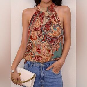 Women's Paisley Print Halter Sleeveless Blouse
